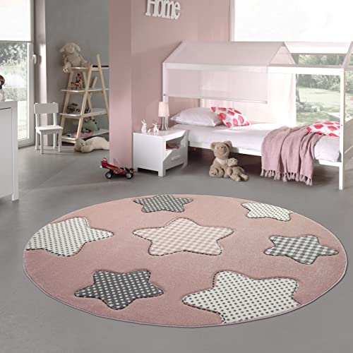 Teppich-Traum Kinderteppich Sterne Kinderzimmerteppich Mädchen in rosa Creme grau Größe 160 cm Rund von Teppich-Traum