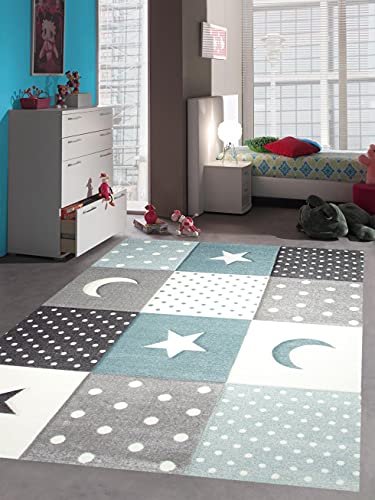 Teppich-Traum Kinderzimmer Teppich Spiel & Baby Teppich Punkte Sterne Mond Design in Blau Türkis Grau Creme Größe 80x150 cm von Teppich-Traum