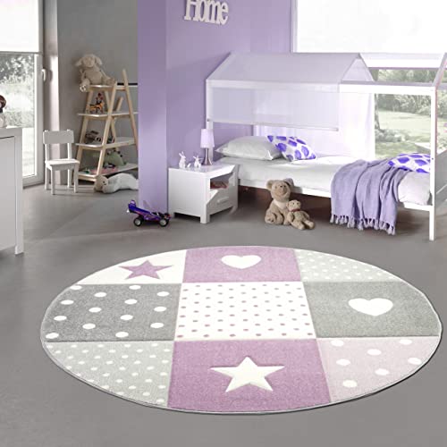 Teppich-Traum Kinderzimmer Teppich Spiel & Baby Teppich Herz Stern Punkte Design in Lila Grau Creme Größe 160 cm rund von Teppich-Traum
