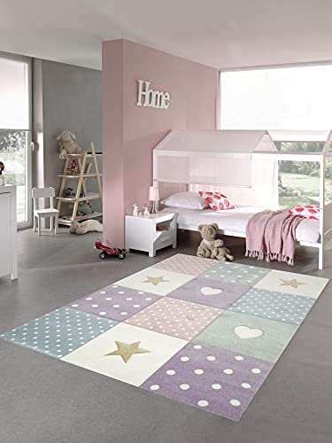Teppich-Traum Kinderzimmer Teppich Spiel & Baby Teppich Herz Stern Punkte Design Grün Creme Rosa Blau Größe 200 x 290 cm von Teppich-Traum