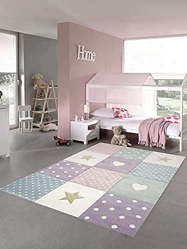 Teppich-Traum Kinderzimmer Teppich Spiel & Baby Teppich Herz Stern Punkte Design Grün Creme Rosa Blau Größe 80x150 cm von Teppich-Traum