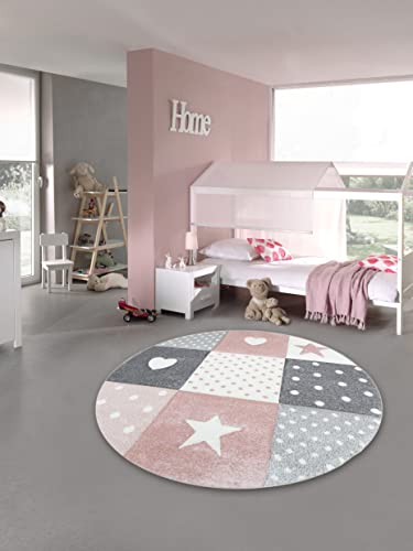 Teppich-Traum Kinderzimmer Teppich Spiel & Baby Teppich Herz Stern Punkte Design in Rosa Weiß Grau 200 cm rund von Teppich-Traum