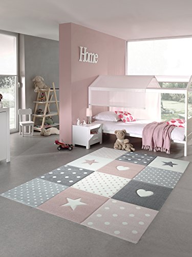 Teppich-Traum Kinderzimmer Teppich Spiel & Baby Teppich Herz Stern Punkte Design in Rosa Weiß Grau Größe 140x200 cm von Teppich-Traum