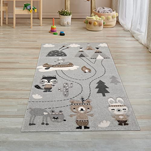 Kinderzimmer Teppich Spielteppich Bären Indianer Zelt Kaktus Kanu Tannen grau braun, Größe 80x150 cm von Teppich-Traum