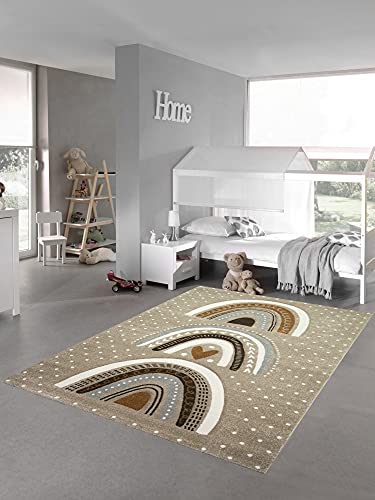 Kinderzimmer Teppich Spielteppich gepunktet Herz Regenbogen Design Creme Beige Größe 120x170 cm von Teppich-Traum