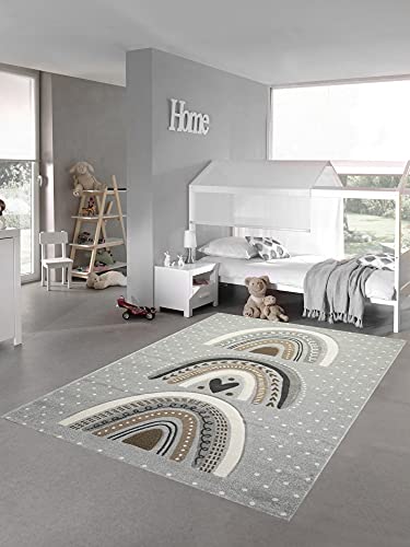 Kinderzimmer Teppich Spielteppich gepunktet Herz Regenbogen Design grau braun Größe 160x230 cm von Teppich-Traum