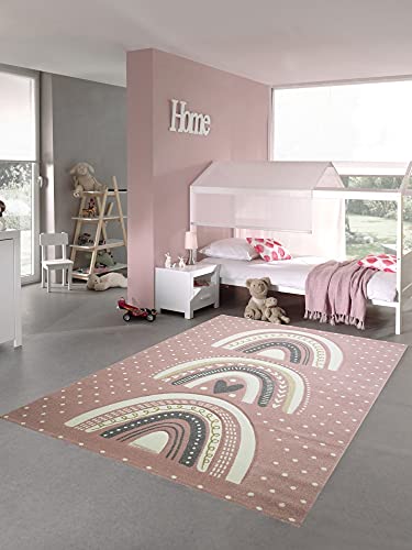 Kinderzimmer Teppich Spielteppich gepunktet Herz Regenbogen Design rosa grau Größe 160x230 cm von Teppich-Traum