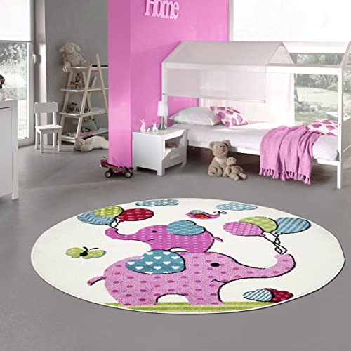 Kinderzimmer-Teppich mit süßen Elefanten & Luftballons | in Creme rosa, 120 cm rund von Teppich-Traum