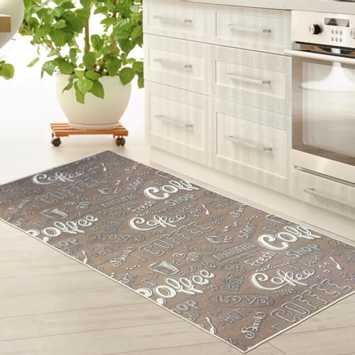 Küchenläufer Teppich beige waschbar mit Gelrücken und „Coffee“ Schriftzug in weiß, 100 x 250 cm von Teppich-Traum