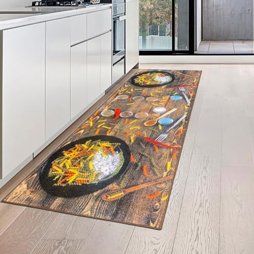 Küchenläufer Teppich waschbar mit bunten Nudeln verschiedenen Gewürzen und roten Chilis, 80 x 200 cm von Teppich-Traum