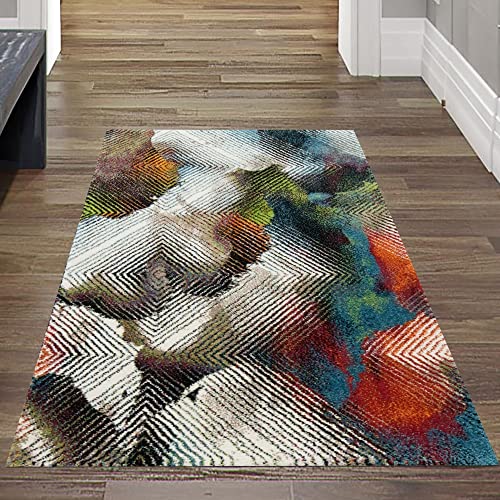 Modern-Abstrakter Teppich Läufer für schmale Gänge | pflegeleicht | bunt orange rot grün, Größe 80x150 cm von Teppich-Traum