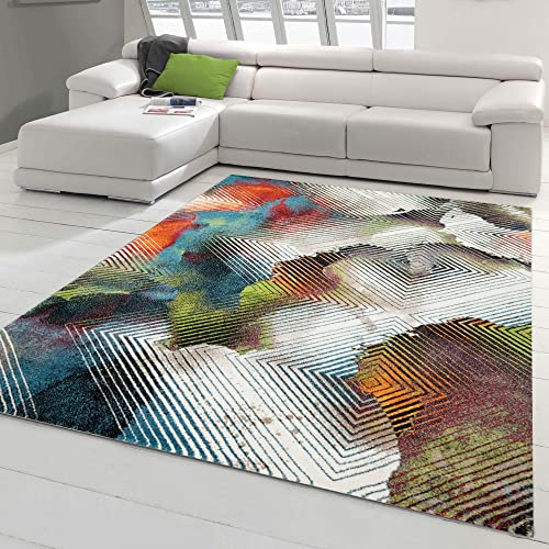 Modern-Abstrakter Wohnzimmer Teppich in bunten Farben | pflegeleicht | orange rot grün, Größe 140 x 200 cm von Teppich-Traum