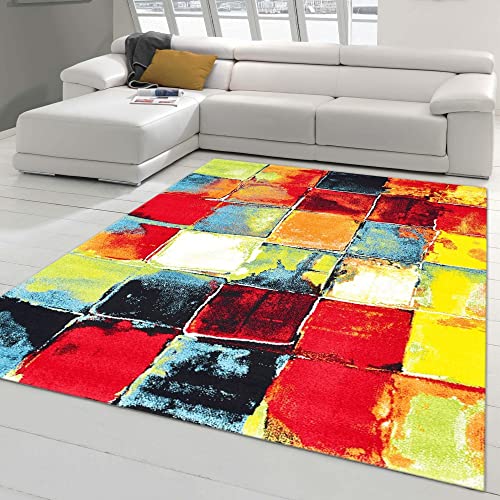 Teppich-Traum Moderner Designer Kurzflor Wohnzimmteppich • Bunte Vierecke in blau gelb, Größe 160x230 cm von Teppich-Traum