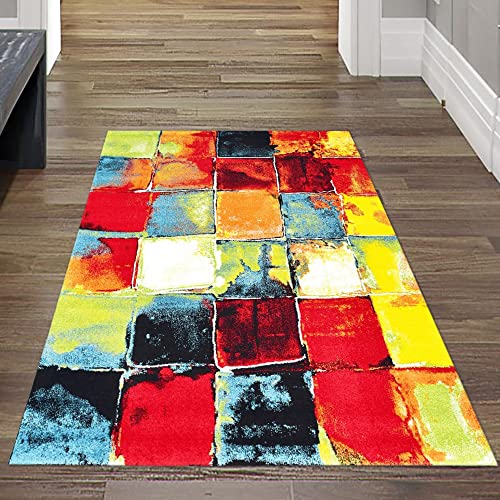 Teppich-Traum Moderner Designer Vorleger Kurzflor Teppich • Bunte Vierecke in blau gelb, Größe 80x150 cm von Teppich-Traum