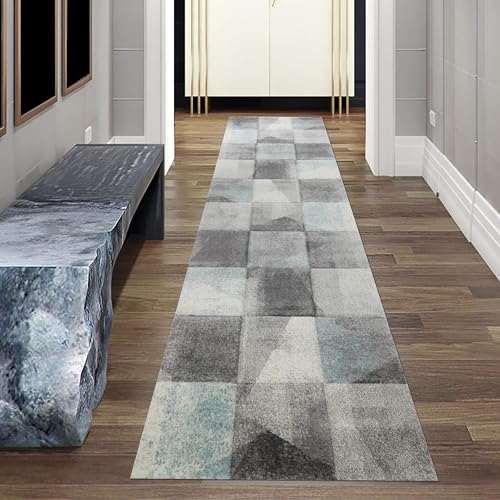 Moderner Konturenschnitt Teppich Wohnzimmer Flur abstraktes Karomuster in grau blau Creme - pflegeleicht Größe 80 x 300 cm Moderner Konturenschnitt Teppich Wohnzimmer Flur abstraktes Karomuster in grau blau Creme - pflegeleicht Größe 80 x 300 cm von Teppich-Traum