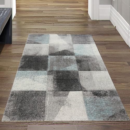 Moderner Konturenschnitt Teppich Wohnzimmer Flur abstraktes Karomuster in grau blau Creme - pflegeleicht Größe 80x150 cm Moderner Konturenschnitt Teppich Wohnzimmer Flur abstraktes Karomuster in grau blau Creme - pflegeleicht Größe 80x150 cm von Teppich-Traum