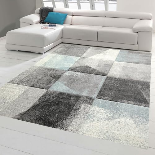 Moderner Konturenschnitt Teppich Wohnzimmer abstraktes Karomuster in grau blau Creme - pflegeleicht Größe 120x170 cm von Teppich-Traum