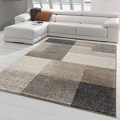 Moderner Schlafzimmer Teppich mit quadratischen Mustern in grau beige, Größe 160x220 cm von Teppich-Traum