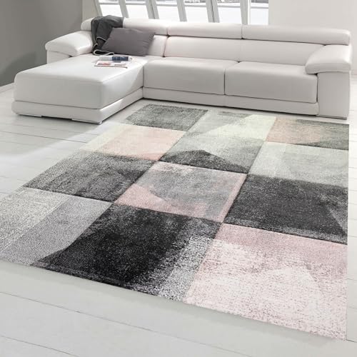 Moderner Teppich Wohnzimmer abstraktes Karomuster in grau rosa Creme Größe 120x170 cm von Teppich-Traum