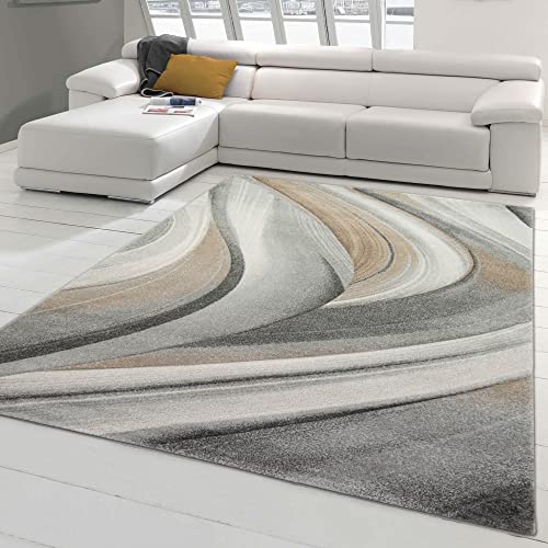 Moderner Wellendesign Teppich | Oeko-TEX | in braun grau Größe 200 x 290 cm von Teppich-Traum
