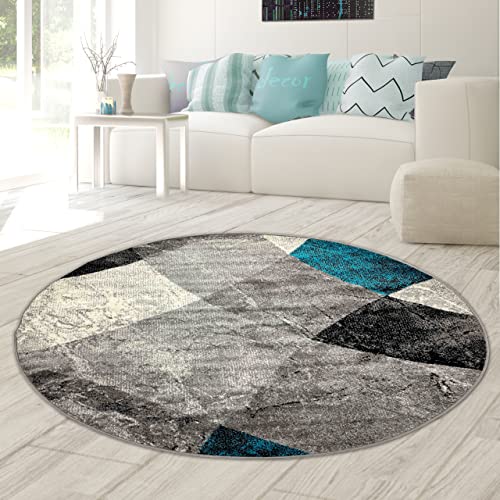 Moderner Wohnzimmer Teppich abstraktes Wellen Rauten Design marmoriert in blau grau - pflegeleicht Größe 160 cm rund von Teppich-Traum