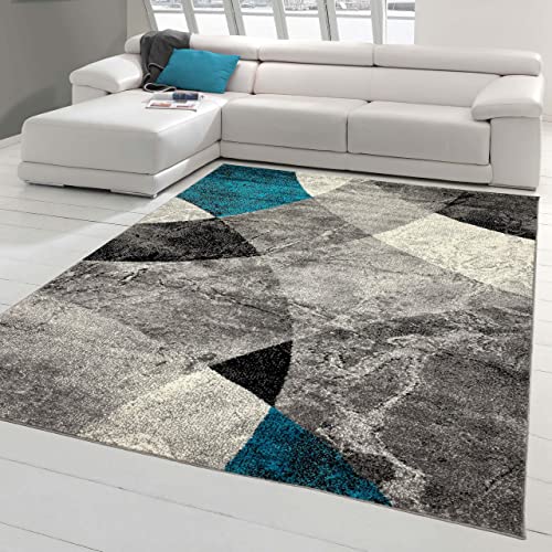 Moderner Wohnzimmer Teppich abstraktes Wellen Rauten Design marmoriert in blau grau - pflegeleicht Größe 200x280 cm von Teppich-Traum