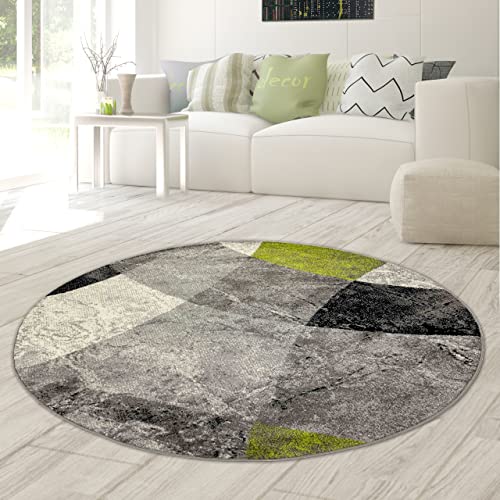 Moderner Wohnzimmer Teppich abstraktes Wellen Rauten Design marmoriert in grün grau - pflegeleicht Größe 200 cm rund von Teppich-Traum