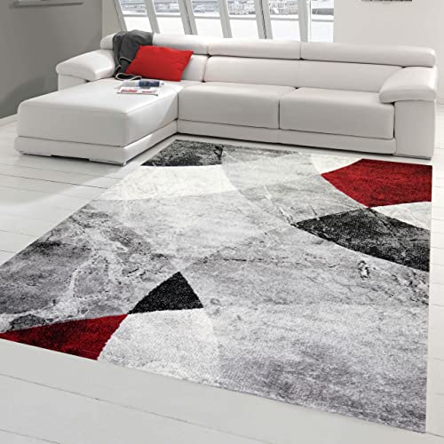 Moderner Wohnzimmer Teppich abstraktes Wellen Rauten Design marmoriert in rot grau - pflegeleicht Größe 160x220 cm von Teppich-Traum