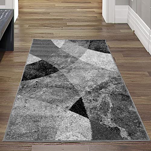 Moderner Wohnzimmer Teppich abstraktes Wellen Rauten Design marmoriert in schwarz grau - pflegeleicht Größe 60x110 cm von Teppich-Traum