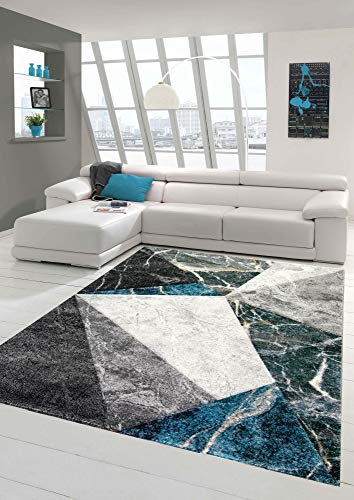 Moderner Wohnzimmer Teppich mit geometrischem Muster | allergikerfreundlich | in grau blau Größe 160x230 cm von Teppich-Traum