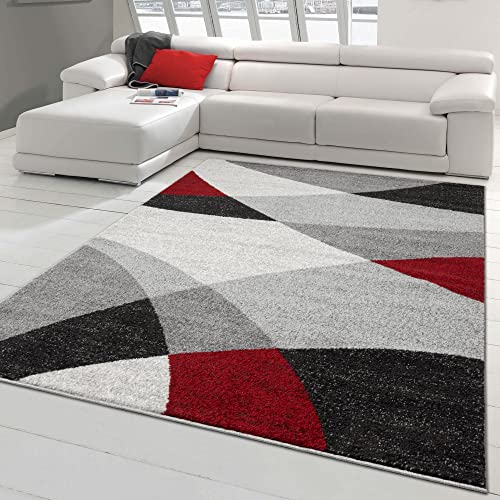 Teppich-Traum moderner Kurzflor Schlafzimmerteppich mit abstraktem Muster grau rot, Größe 120x160 cm von Teppich-Traum
