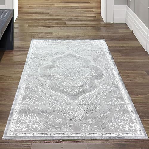Orient Design Hoch-Tief Effekt Konturenschnitt Teppich verziert Silber glänzend, 80 x 150 cm von Teppich-Traum