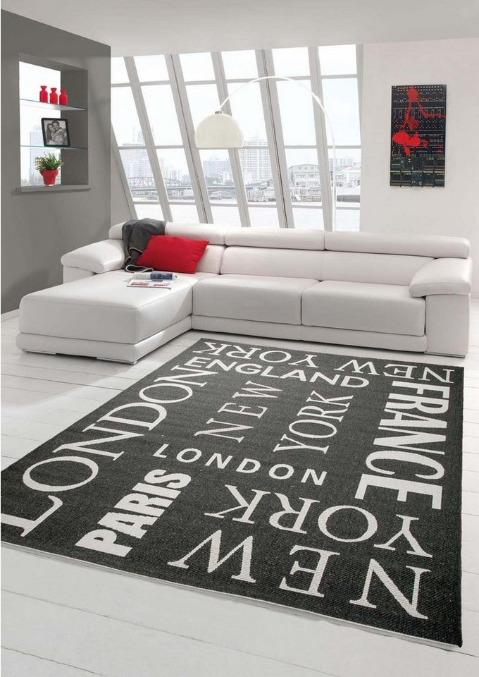 Outdoorteppich Küchenläufer Flachgewebe Teppich Sisal Optik modernes Design Städte New York London Paris City schwarz weiß, Teppich-Traum, rechteckig, Höhe: 5 mm von Teppich-Traum