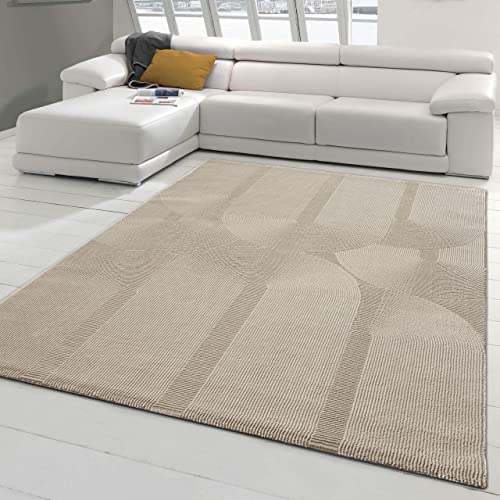 Recycle Teppich mit modernen ovalen Formen liniert • umweltfreundlich • in beige, 120 x 170 cm von Teppich-Traum