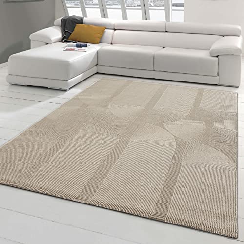 Recycle Teppich mit modernen ovalen Formen liniert • umweltfreundlich • in beige, 160 x 230 cm von Teppich-Traum