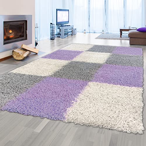 Shaggy Teppich Hochflor Gemustert in Karo Design Flieder Grau Creme 80x150cm von Teppich-Traum