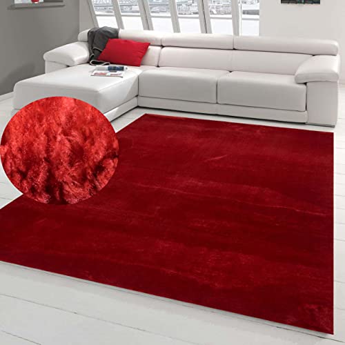 Moderner Unidesign Teppich Wohnzimmer weich und rutschfest | pflegeleicht: waschbar | Flokati Badezimmer in rot, 160x230 cm von Teppich-Traum