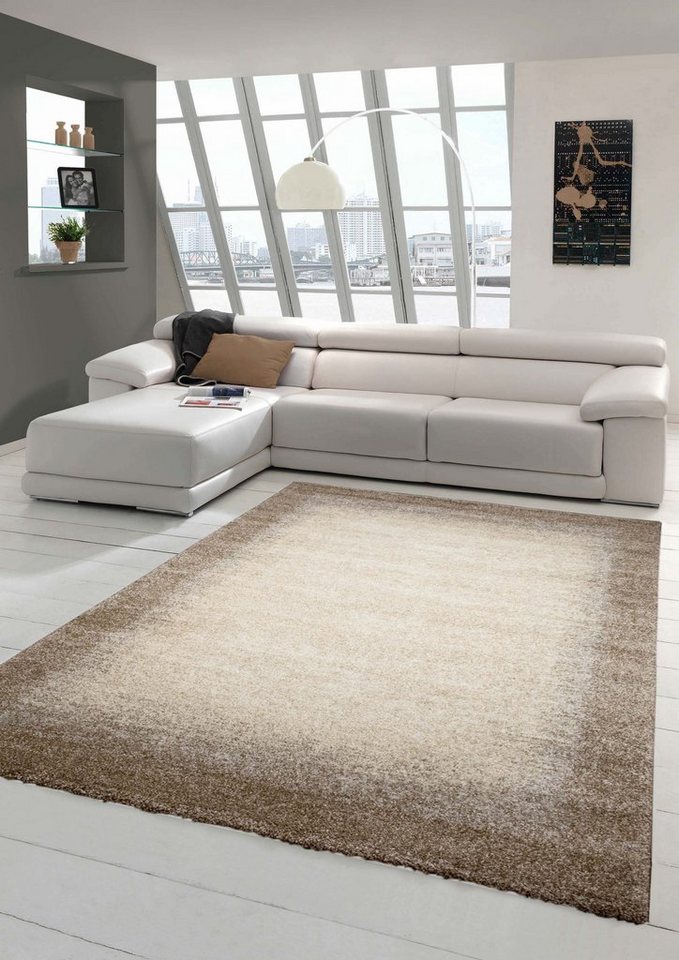 Teppich Designer Teppich Moderner Teppich Wohnzimmer Teppich Kurzflor Teppich Barock Design Meliert mit Bordüre in Braun Beige Creme, Teppich-Traum, rechteckig, Höhe: 18 mm von Teppich-Traum