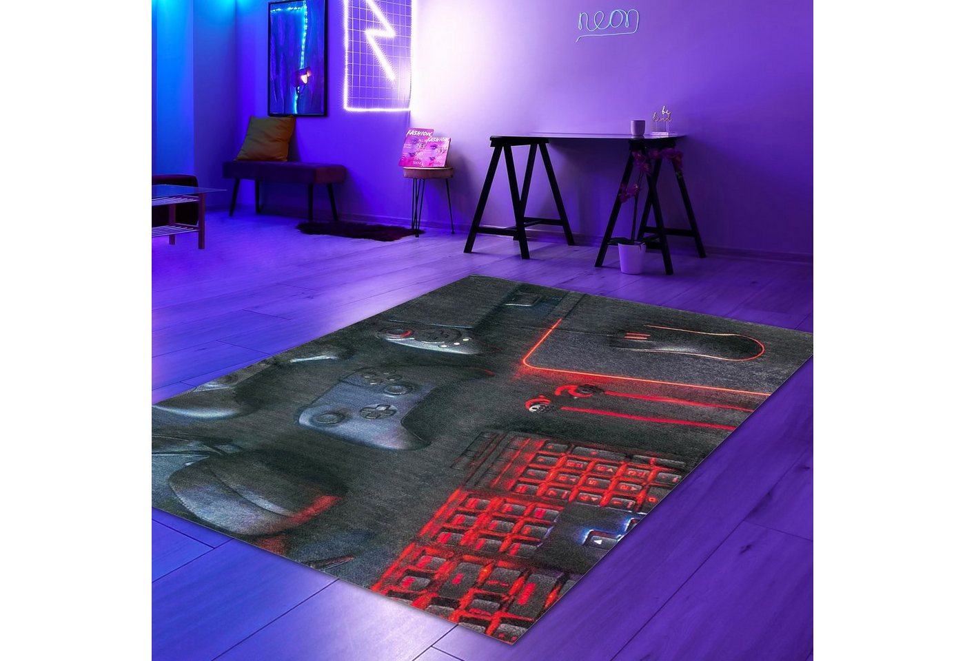 Teppich Gaming Teppich mit Konsole und Joystick rot und schwarz, Teppich-Traum, rechteckig, Höhe: 5 mm von Teppich-Traum