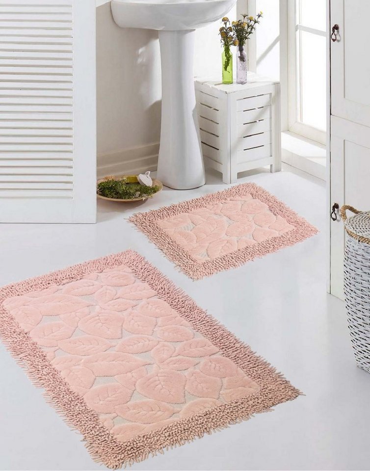 Teppich Badezimmerteppich Set 2 teilig • waschbar • Blätterdesign in rosa, Teppich-Traum, Oval, Höhe: 7,5 mm, waschbar von Teppich-Traum