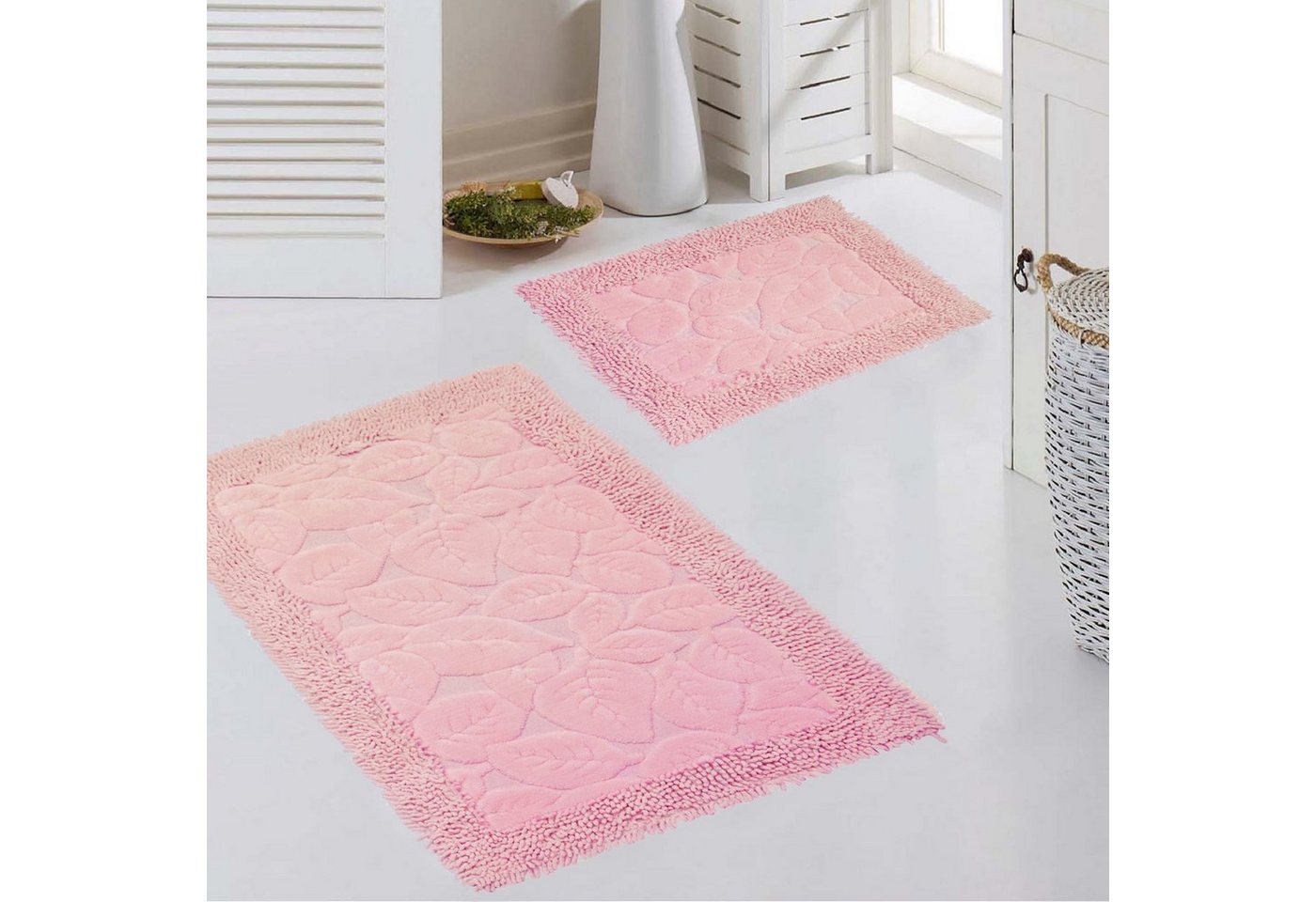 Teppich Badezimmerteppich Set 2 teilig • waschbar • Blätterdesign in pink, Teppich-Traum, rechteckig, Höhe: 7.5 mm, waschbar von Teppich-Traum