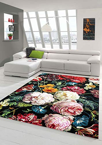 Teppich Blumen Wohnzimmer Teppich Blumenstrauß in schwarz Creme rot Größe 120x170 cm von Teppich-Traum