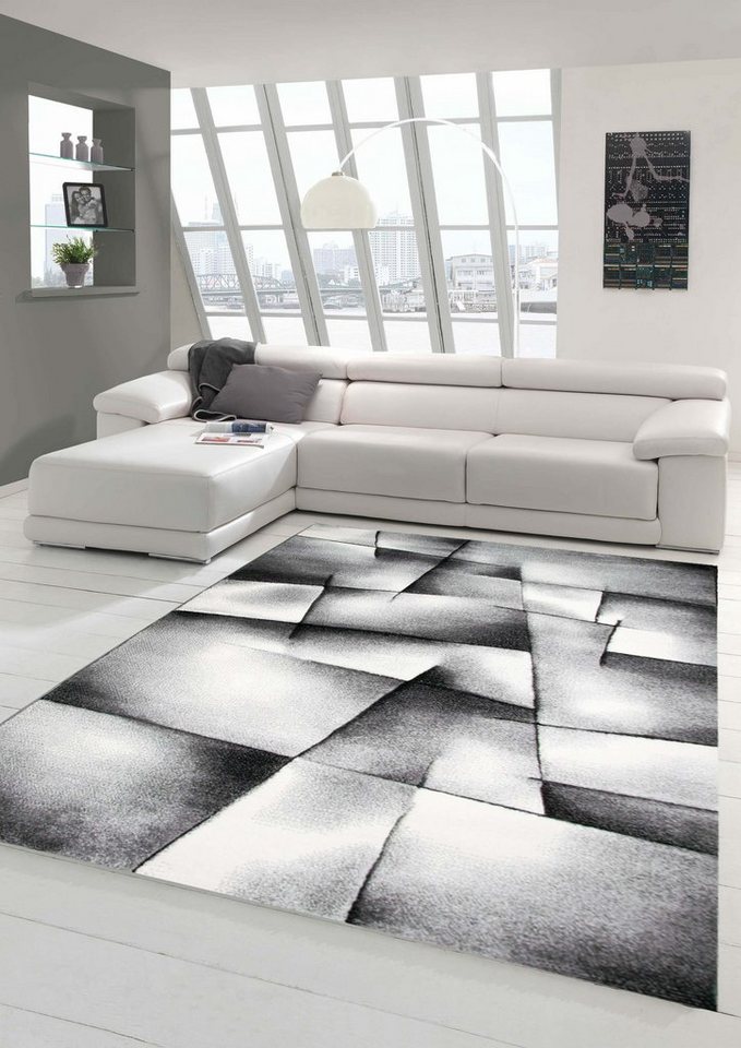 Teppich Designer Teppich Moderner Teppich Wohnzimmer Teppich Kurzflor Teppich Konturenschnitt Karo Muster Grau Schwarz Weiss, Teppich-Traum, rechteckig, Höhe: 13 mm von Teppich-Traum