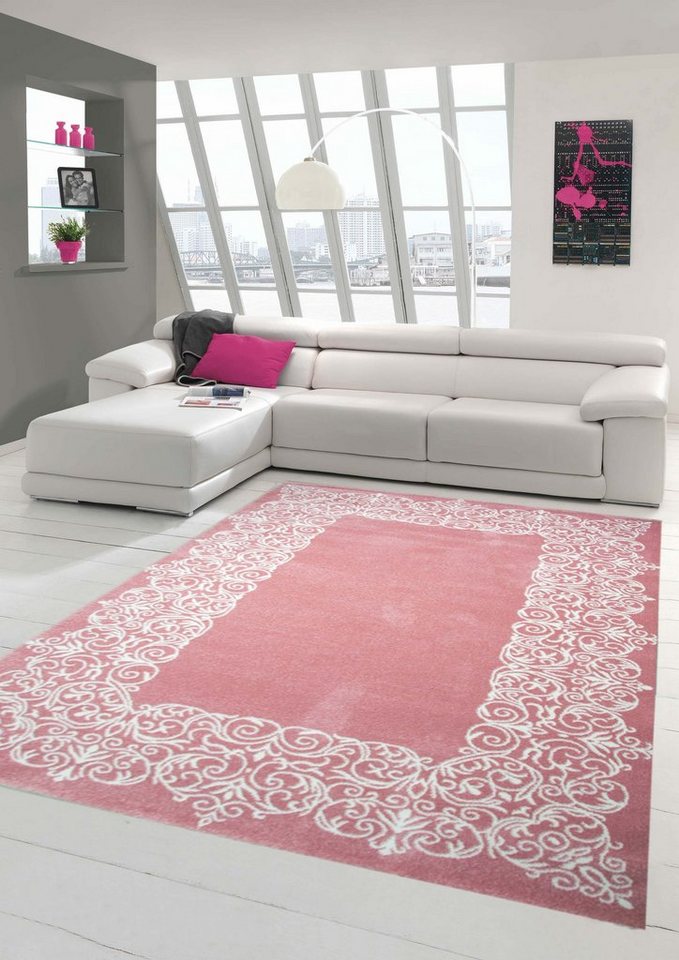 Teppich Designer Teppich Moderner Teppich Wohnzimmer Teppich Kurzflor Teppich mit Bordüre Pastellfarben Rosa Creme, Teppich-Traum, rechteckig, Höhe: 13 mm von Teppich-Traum