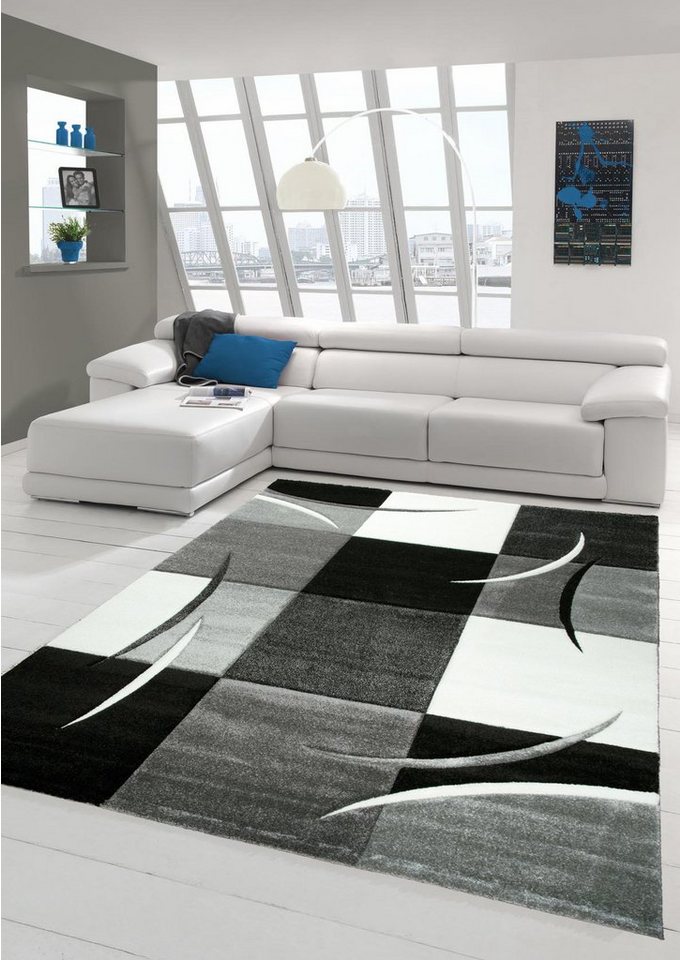 Teppich Designer Teppich Moderner Teppich Wohnzimmer Teppich Kurzflor Teppich mit Konturenschnitt Karo Muster Grau Weiss Schwarz, Teppich-Traum, rechteckig, Höhe: 13 mm von Teppich-Traum