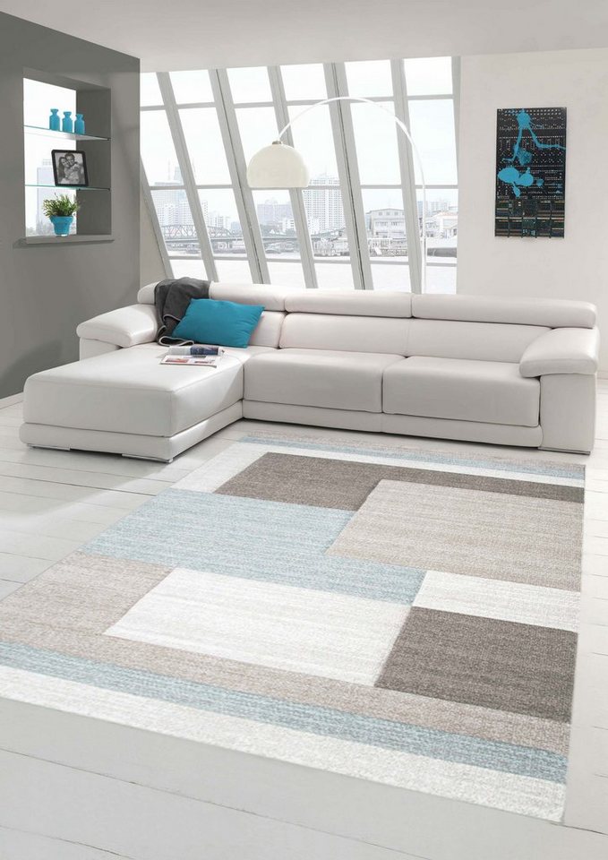 Teppich Designer Teppich Moderner Teppich Wohnzimmer Teppich Kurzflor Teppich mit Konturenschnitt Karo Muster Pastellfarben Blau Creme Beige, Teppich-Traum, rechteckig, Höhe: 13 mm von Teppich-Traum