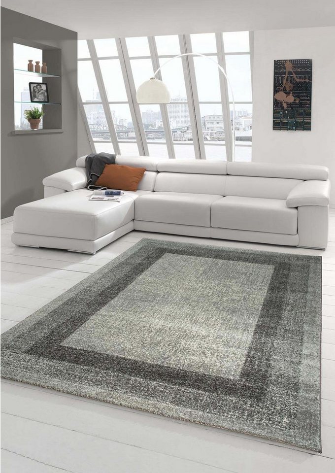 Teppich Designer Teppich Moderner Teppich Wohnzimmer Teppich Velours Kurzflor Teppich mit Winchester Bordüre in Grau Creme, Teppich-Traum, rechteckig, Höhe: 9 mm von Teppich-Traum