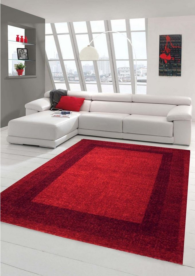 Teppich Designer Teppich Moderner Teppich Wohnzimmer Teppich Velours Kurzflor Teppich mit Winchester Bordüre in Rot, Teppich-Traum, rechteckig, Höhe: 9 mm von Teppich-Traum