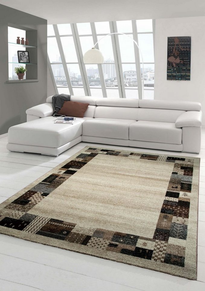 Teppich Designer Teppich Moderner Teppich Wohnzimmer Teppich mit Bordüre Design Multicolour in Braun Beige Creme Türkis, Teppich-Traum, rechteckig, Höhe: 13 mm von Teppich-Traum