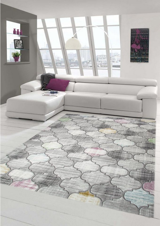 Teppich Designer und Moderner Teppich Kurzflor Marokkanisches Muster in Grau Lila Senfgelb, Teppich-Traum, rechteckig, Höhe: 11 mm von Teppich-Traum